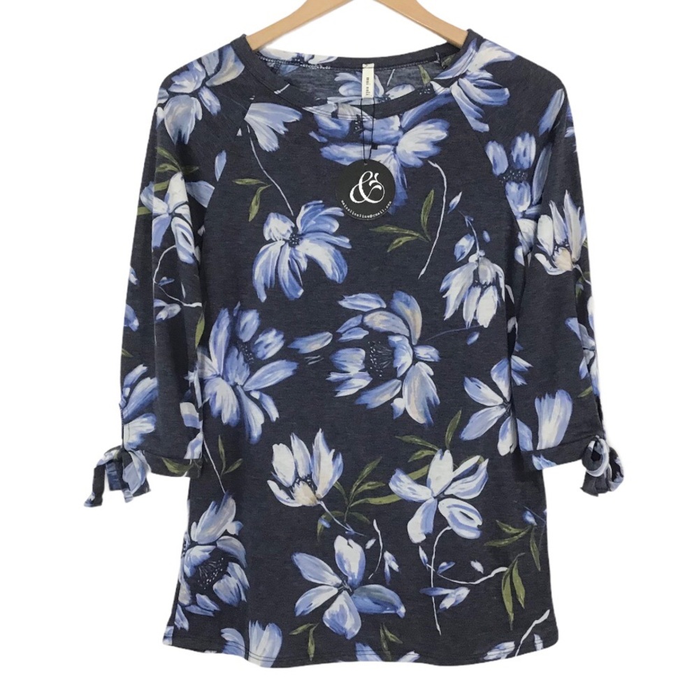 Mai Soli Navy Floral Print Top Size S 3/4 Length Sleeves W/Tie Details New NWT